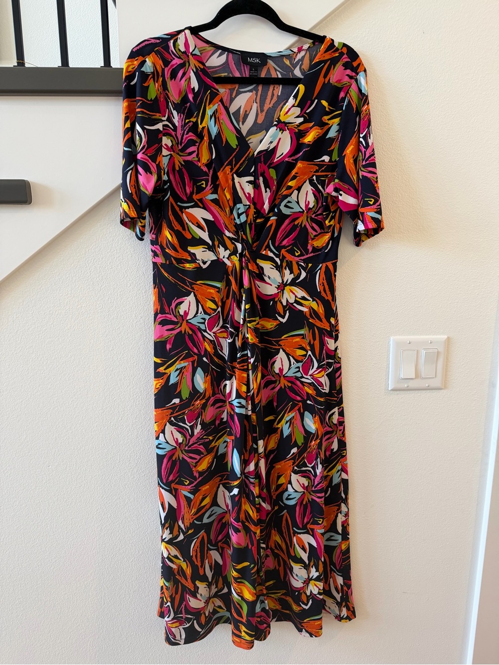 MSK Black Floral Twist-Front Midi Dress with Pink & Orange Accents
